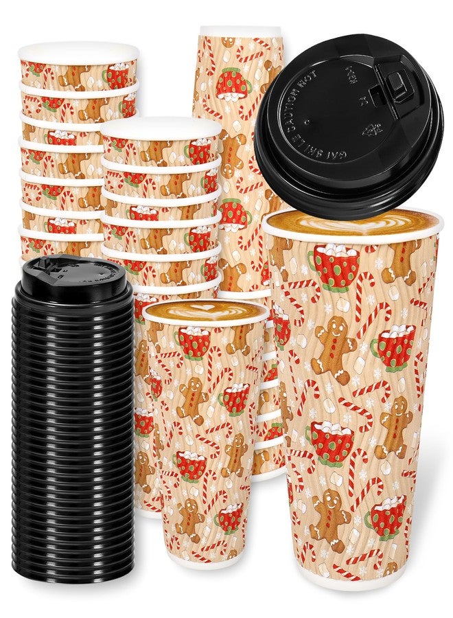 JarThenaAMCS 50 Pcs Christmas Disposable Coffee Cups with Lids Gingerbread Man Candy Cane Paper Cup Corrugated Ripple Wall Insulated Hot Cups for Xmas Winter Home Office Party Supplies, 16 Oz - Image 1